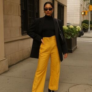 Lavantino Yellow Linen‎ Blend High Waist Wide Leg Pants New Zealand 80s 90s